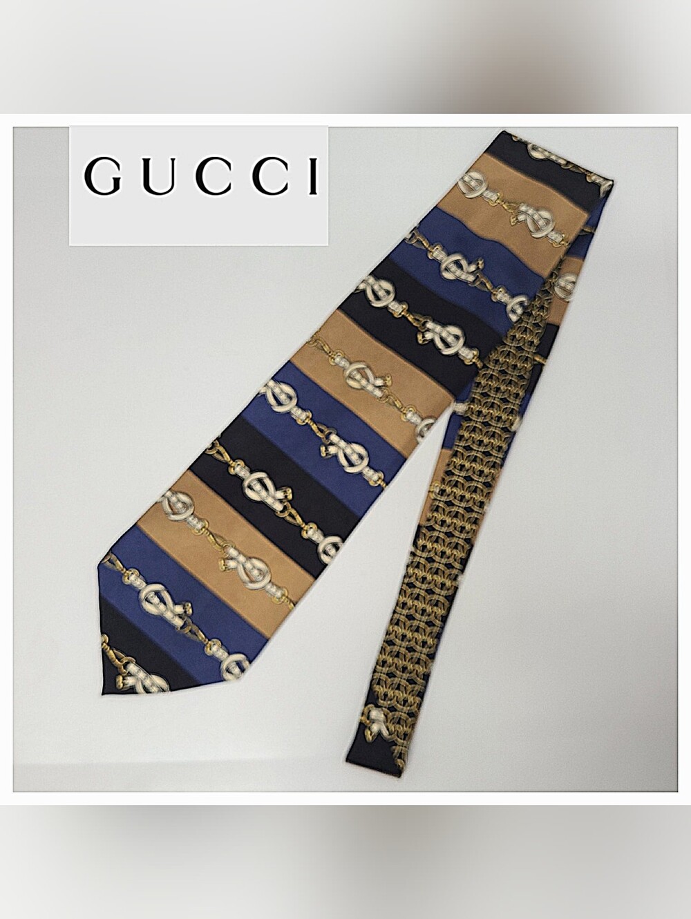 Paolo Gucci Vintage 100% Silk Equestrian Print Necktie Navy & Tan Made In Italy